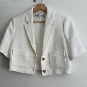 Zara Cream Textured cropped Blazer